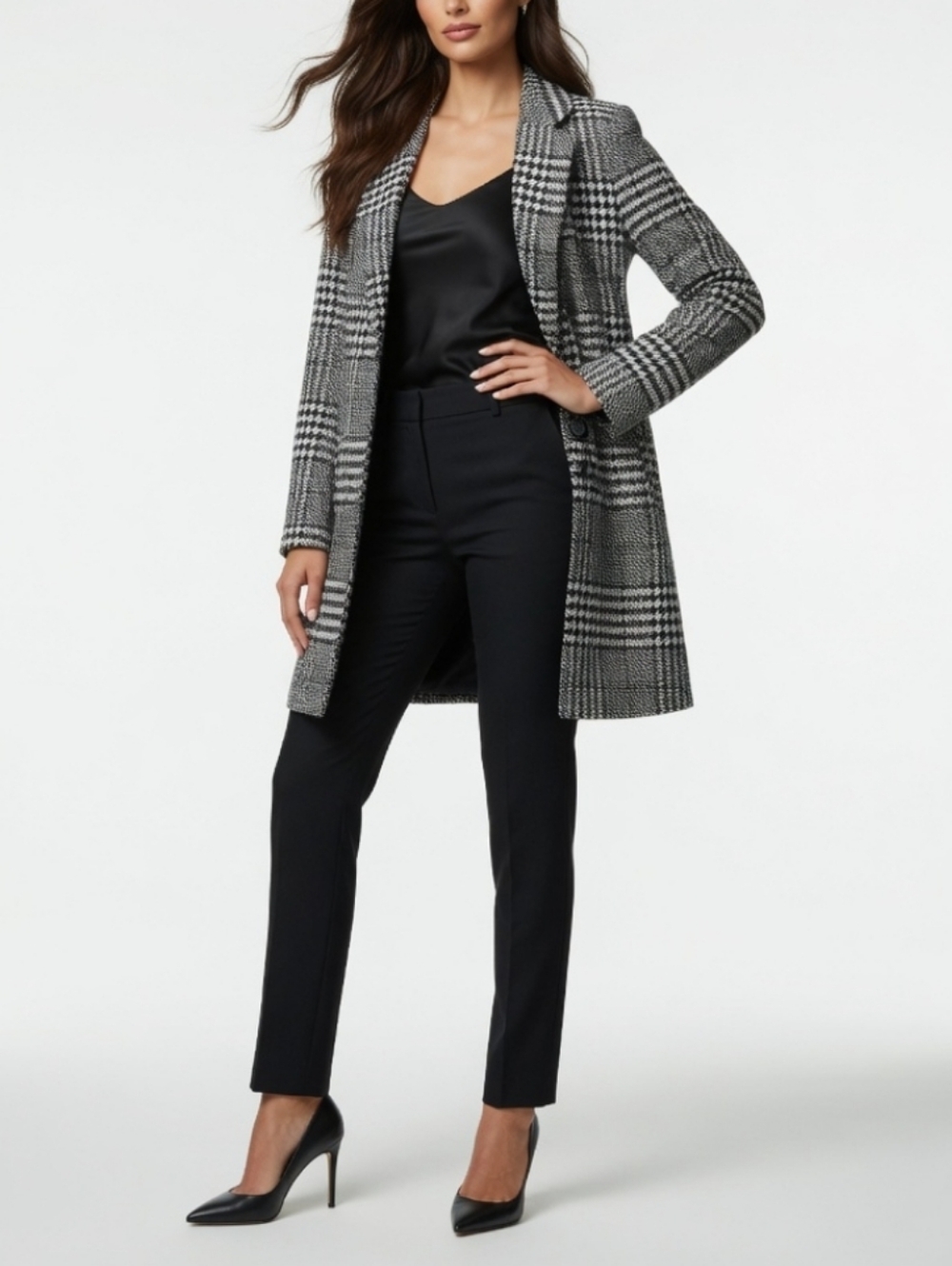 Sebby Collection Black /White Plaid Long Coat (Size:Small)